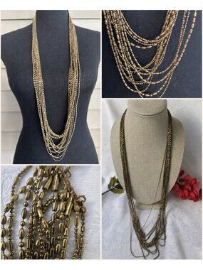 Chicos Multi Layer Seed Bead Dark Gold Tone 36" Long Statement Necklace NEW